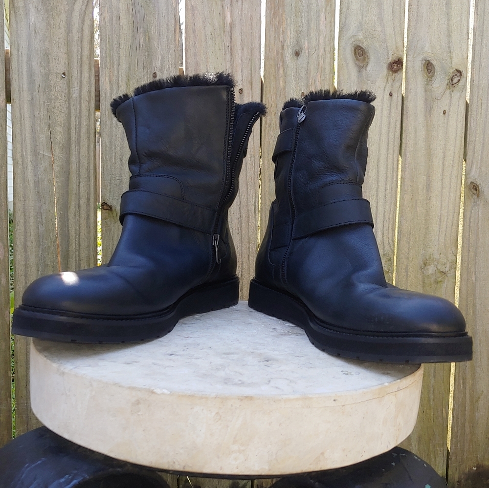 Vince Leather & Shearling Buckle Boots